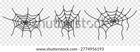 Set of hand-drawn spider web doodles isolated on transparent background. Minimalist black ink vector illustrations in scandi and nursery styles, perfect for Halloween decorations, spooky party invitations, children's apparel, and gothic-themed stationery.