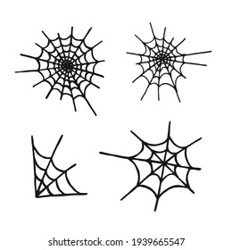 Set of hand-drawn spider web isolated on white background. Vector illustration