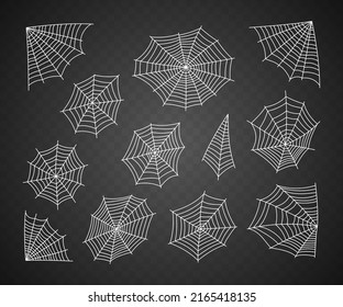 Set of hand-drawn spiderweb for Halloween. Spooky Halloween cobwebs vector illustration. Scary spider web elements for decoration. Spider cobweb set