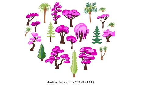 Set of hand-drawn spring flowering trees, palm trees, fir trees, and larches. icons in a flat style for painting landscape and architecture, elements for the environment or garden.