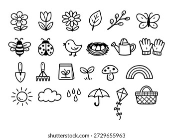 Conjunto de iconos de primavera dibujados a mano 