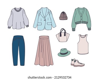 Set of hand-drawn spring women's clothing. Vector illustration in pastel colors isolated on a white background.