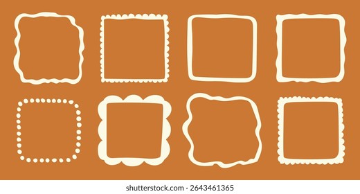 A set of hand-drawn square frames on a brown background. Decorative vector borders and doodle frames for scrapbooking, invitations, greeting cards, posters, photo albums, and design projects.
