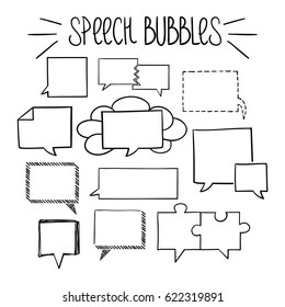Set of hand-drawn square speech bubbles, black and white vector abstract illustration of speech bubbles, EPS 8