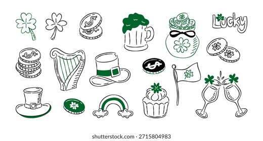 Un conjunto de Elementos de Vector del Día de San Patricio dibujados a mano, que incluyen tréboles, monedas de oro, un arpa, un sombrero, una taza de cerveza y un arcoíris de la suerte.