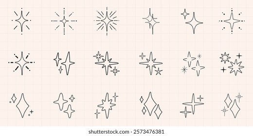 Set of hand-drawn star doodles on grid paper. Various star shapes, simple star designs, and unique star patterns. Perfect for star-themed projects. Element vector set.