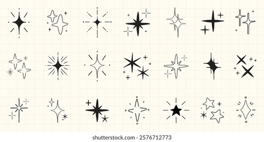 Set of hand-drawn star doodles. Stars in various styles, black and white star designs. Perfect for star-themed projects, star illustrations, and star decorations. Element vector set.