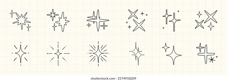 Set of hand-drawn star doodles. Various star shapes, sparkles, and twinkles. Simple star illustrations for creative designs. Perfect for adding starry accents. Element vector set.