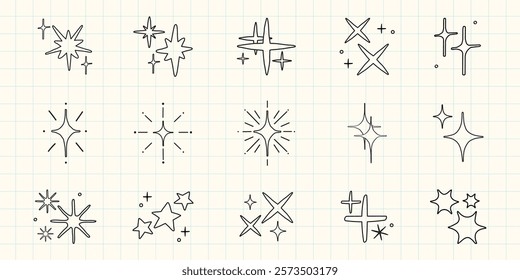 Set of hand-drawn star icons, featuring various star shapes and sparkles. Stars and sparkles are in simple, minimalist style, perfect for designs needing star icons. Element vector set.