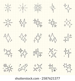 Set of hand-drawn star icons. Various star shapes, sparkles, and twinkles. Simple star designs, perfect for decoration. Star icons for creative projects. Element vector set.