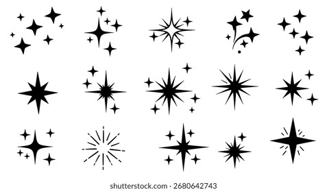 Set of hand-drawn stars and sparkles, vector collection of doodle starbursts for a magic, celebration, or creative design concept.