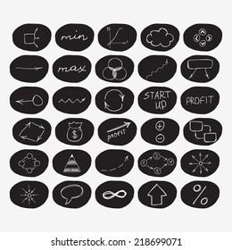 Set of hand-drawn start-up icons in black circles. Vector illustration. Business, economic, success.