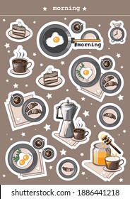 
Un conjunto de stickers hechos a mano sobre el desayuno, el café, la tortilla, la miel y el romance.