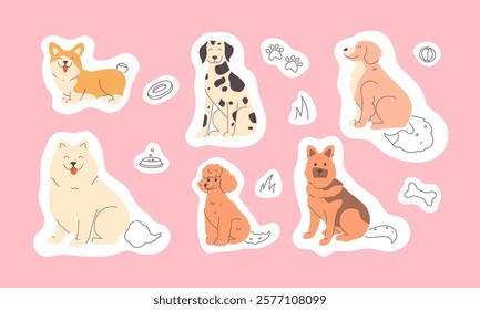 Set of hand-drawn stickers of different breeds of dogs. Pets