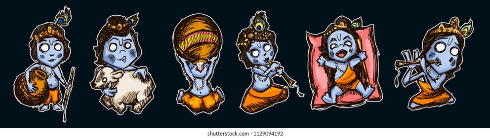 Set of hand-drawn stickers with Krishna for a holiday Krishna Janmashtami on black background. Vector illustration.