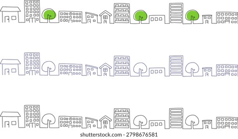 A set of hand-drawn streetscapes in different colors.