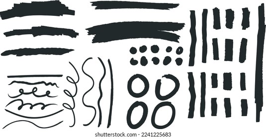 Set of hand-drawn strokes of paint, ink or felt-tip pen. Vector set of dashes and doodles.
