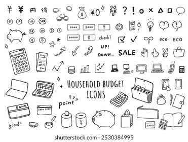 A set of hand-drawn style icons related to household finances