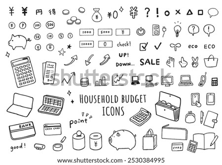 A set of hand-drawn style icons related to household finances