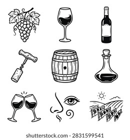 A set of hand-drawn style icons representing wine making and consumption, including grapes, wine bottle, glasses, barrel, corkscrew, decanter, nose for aroma, and vineyard landscape.