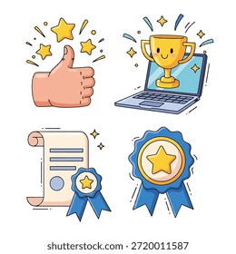 Conjunto de ilustrações em estilo desenhado à mão representando o sucesso: um polegar para cima, um laptop com um troféu, um certificado e uma medalha de estrela.