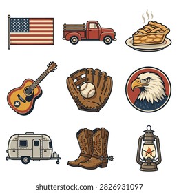 Set of hand-drawn style illustrations featuring classic American symbols including a flag, truck, pie, guitar, baseball glove, eagle, camper, boots, and lantern.