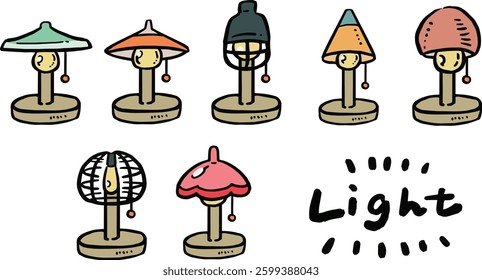 A set of hand-drawn style illustrations of small electric stands and lamps.