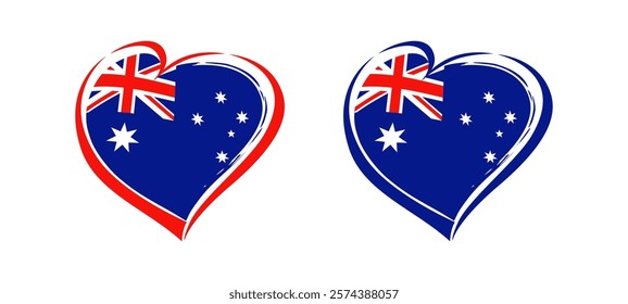 Set of handdrawn style isolated hearts with the flag of Australia. Red and blue brushing stroke, Australian flag background, branding identity creative concept. Sports, tourism or business symbol