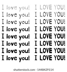 Set of handdrawn style scribbled written I love you text word vector element designs with various styles illustration isolated on a white background