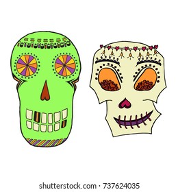 Set of hand-drawn sugar skulls isolated on white background. Day of the dead. Dia de los muertos. The traditional symbols of the Day of the Dead. Vector illustration.