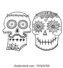 Set of hand-drawn sugar skulls isolated on white background. Day of the dead. Dia de los muertos. The traditional symbols of the Day of the Dead. Vector illustration.