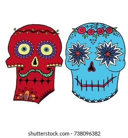 Set of hand-drawn sugar skulls isolated on white background. Dia de los muertos. The traditional symbols of the Day of the Dead. Vector illustration.