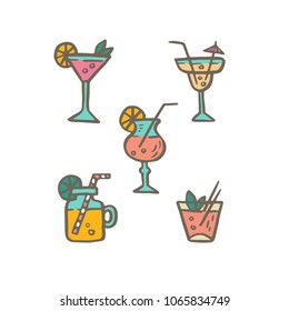 Set of handdrawn summer cocktails. Colored  illustration. Simple rough style. Isolated vector clip art.
