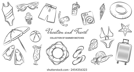 Set von handgezeichneten Sommer-Elementen im Doodle-Stil. Skizzen zum Thema Reisen, Sommerferien und Urlaub. Lineare Elemente auf weißem Hintergrund und ohne Vektorgrafik Vorlagen von Meer und Strand.