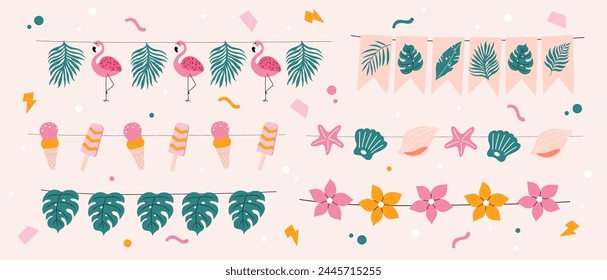 Set of handdrawn summer garlands. Bright and colourful decoration. Vector palm leaves, ice cream, flowers and shells.