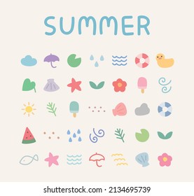 A set of hand-drawn summer icons. Cute and small icons.