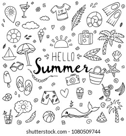 Set of hand-drawn summer illustrations. Cartoon doodles. Vector sketches. 