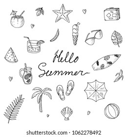 Set of hand-drawn summer illustrations on a white background. Vector sketches. 