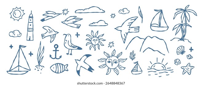 Set of hand-drawn summer and sea elements: birds, sun, clouds, lighthouse, boats, palm trees, anchor, waves, shells, fish, and mountains. Flat sketch style on white background