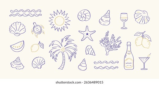 A set of hand-drawn summer-themed doodle-style icons in a minimalist line art style.A palm tree, lemons, a cocktail, a vine, a sun, a sea, and seashells.Concept for vacations, the ocean, beach parties