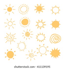 Set of hand-drawn sun icons. Isolated summer illustrations on white background. Rough edges imitating pencil, crayon or brush.