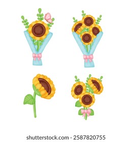 Set of Hand-Drawn Sunflower Bouquet Illustration 
