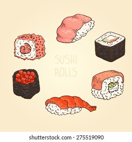 Set of hand-drawn sushi rolls