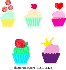 Set of hand-drawn sweet cupcakes decorated with candies, cherries, hearts, crowns and flowers. No diet day.