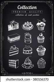 Set of hand-drawn sweet pastries and cupcakes. Bakery shop. Vector icons of sweet bakery. Freehand drawing with imitation of chalk sketch