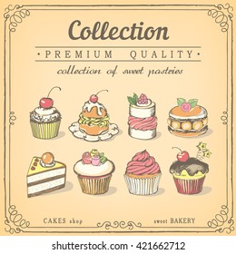 Set of hand-drawn sweet pastries and cupcakes. Bakery shop. Vector icons of sweet bakery. Sketch