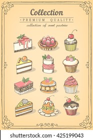 Set of hand-drawn sweet pastries and cupcakes. Bakery shop. Vector icons of sweet bakery. Sketch