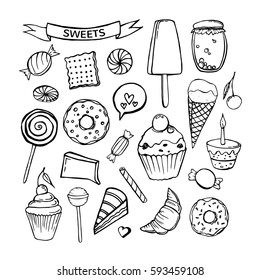 Set of hand-drawn sweet pastries and cupcakes on white background. Bakery shop. Vector icons of sweet bakery.