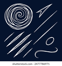 A set of handdrawn swirls and arrows on a dark blue background