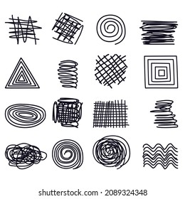 Set of hand-drawn symbolic doodles, shaded icons. Isolated on white background vector illustration.